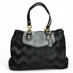 Coach Ashley Carryall Bag Black Pleated Satin Leather Black Tote Shoulder Bag